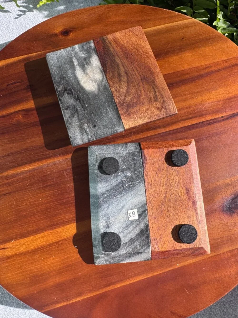 Artisan Acacia Wood and Marble Coaster Set of 2, Modern Stone Drink Coasters